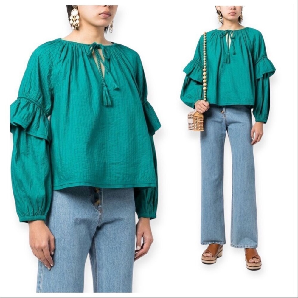 ULLA JOHNSON Concetta Blouse Verdigris Green Peasant Blouse Puff Sleeve Size‎ 10 - Picture 2 of 15